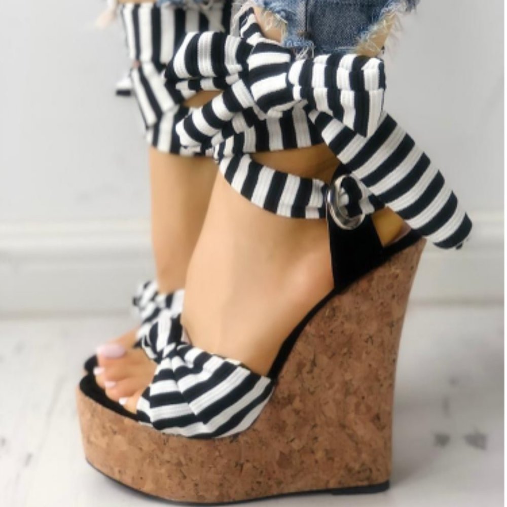 Striped Bowknot Peep-toe Platform Wedge Sandals
